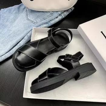 2024 Натуральная кожа Ретро Римские сандалии Женские сандалии с закрытым носком Дизайнерские студенческие сандалии в студенческом стиле Sandalias De Mujer 2024 35 чёрный