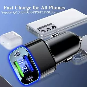 2024 New 4 In 1 USB C Car Charger Dual PD Super Fast Charging Adapter Four-port Square Fast Charge 5usb 250W QC3.0