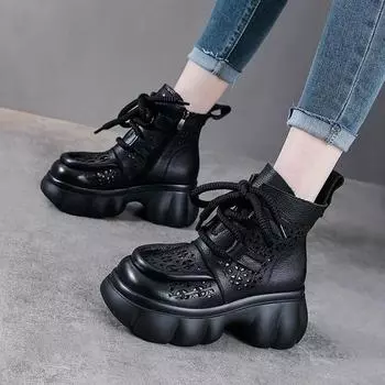 2024 New 6CM Genuine Leather Sandals Ankle Booties Hollow Chimney Moccasins Fashion Summer Motorcycle Natural Boots Women Shoes 35 чёрный