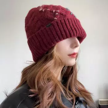 2024 New Ankola Red White Wool Wool Hat Women s Autumn and Winter Thickened Warm Ear Protector Knitted Cold Hat M55-58cm темно-коричневого