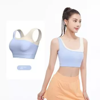 2024 New Arrival Color Matching Yoga Bra Female Fixed One-Piece Elastic Strength Shockproof U-Shaped Sports Underwear Vest Light frost blue M
