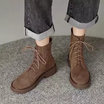 2024 Новое поступление, лаконичный дизайн, женские ботильоны из флока, круглый носок, удобные низкие толстые каблуки, молнии, ботильоны для женщин 35 чёрный