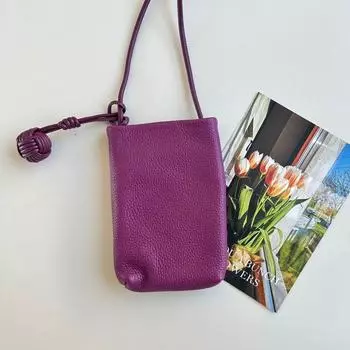 2024 New Arrival K-style Head Layer Leather Phone Bag Dopamine Mini Crossbody Litchi Grain Vertical Version Genuine Leather Small Bag Sea Anemone purple head layer cowhide