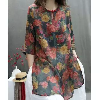 2024 New Arrival National Style Print Cotton and Linen Sun Protection Shirt Women s Summer Mid Length Long Length Buckle Casual Ramie Pullover Tops Navy 2XL