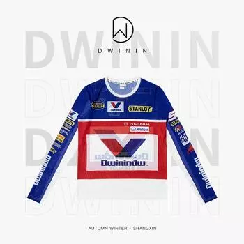 2024 New Arrival Spring and Summer Original Design round Neck Fashion Mesh Letter Print Colorblock All-Matching Tops Female In1427 Blue and White M