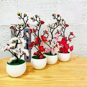 2024 New Artificial Plants Bonsai Fake Flowers Small Tree Simulation Pot Plants Table Potted Ornaments Home 21X11CM красный