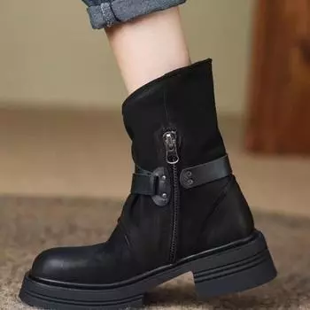 2024 new autumn and winter ins niche~ soft leather side zipper thick-soled Martin boots women s thick heel French retro short boots 36
