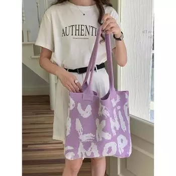 2024 новая осенне-зимняя вязаная шерстяная сумка с надписями в виде граффити, большая вместительная сумка через плечо, универсальная портативная сумка-тоут 61*36*2 белый