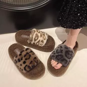 2024 new autumn and winter leopard print thick-bottomed heightened fluffy slippers women s fashion home fluffy cotton slippers 35 чёрный