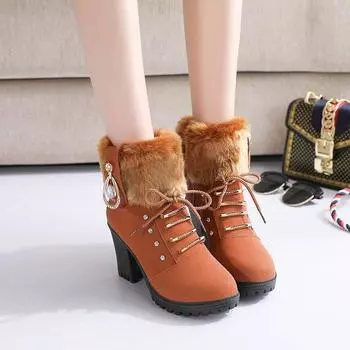 2024 new autumn and winter Martin boots women s British high-heeled short boots thick heel thickened velvet women s boots 35 чёрный