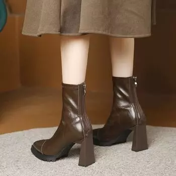 2024 new autumn and winter pointed thick heel high heels super fire velvet fried street thin small short boots women s boots 35 темно-коричневого