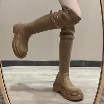 2024 new autumn and winter thick heel long knight boots women s suede two through knee high boots velvet western pleated boots 35 коричневый
