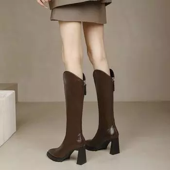 2024 New Autumn and Winter Women s Boots Zipper High-heeled Simple Back Zipper Knee-high Fashion Boots 34 чёрный