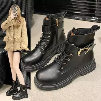 2024 New Autumn and Winter Women s Thick-soled Fashion Boots British Style Thick-heeled Metal Buckle Lace-up Fashion Boots 35 чёрный