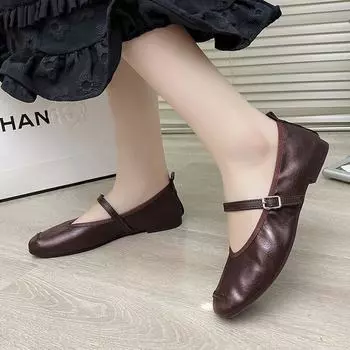 2024 new autumn retro soft French Mary Jane one-word buckle leather shoes flat soft sole casual single shoes women 35 чёрный