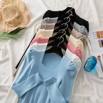 2024 New Autumn Square Neck Knitted Sweater Women s Puff Long Sleeve Casual Solid Color Casual Sweaters Tops Fashion Basic Clothes 2166 One Size чёрный