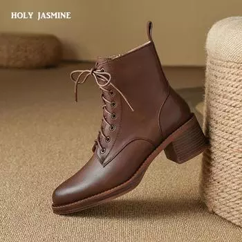 2024 Новые осенне-зимние женские сапоги из натуральной кожи с острым носком и толстым каблуком, короткие женские сапоги, ботильоны на каблуке Suqare 34 чёрный