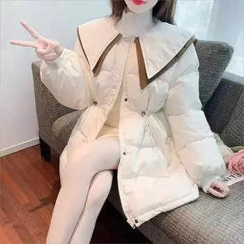 2024 Новые осенне-зимние парки, пуховая куртка с хлопковой подкладкой, женская модная застежка-молния с воротником-куклой, теплая верхняя одежда, женская одежда L грязно-белый