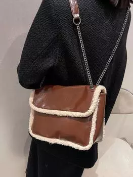 2024 новая осенне-зимняя сумка-трансферт плюшевая текстура женская сумка модная ретро сумка-мессенджер через плечо с цепочкой чёрный