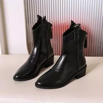 2024 New Autumn/Winter Women Boots Round Toe Chunky Heel Boot Western Boots Zapatos De Mujer Mid-calf Boots genuine leather 34 чёрный