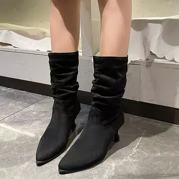 2024 New Autumn Winter Women Shoes Sexy High Solid Color Pointed Toe Outdoors Slender Heel Ladies Boots Botines De Mujer 35 чёрный