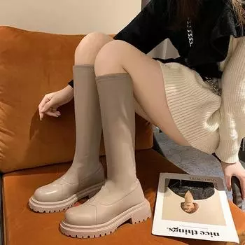 2024 Новые осенние женские высокие сапоги Модные женские мягкие кожаные туфли на плоской подошве Длинные сапоги с молниями сзади Женская обувь 35 бежевый