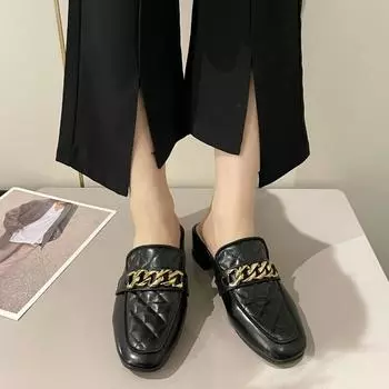 2024 New Autumn Women s Fashion Square Toe Metal Chain Thick Heel Elegant Shoes 35 бежевый