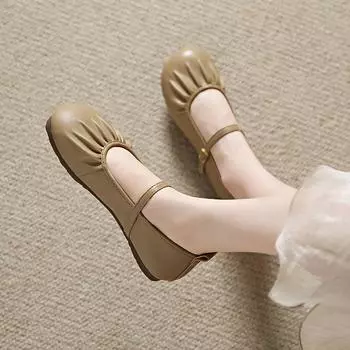 2024 New Autumn Women s Flat Shoes Fashionable Pleated Round Toe Shallow Mouth Slip-On Flat Heel Soft Ballet Mary Jane Shoes 35 абрикосовый