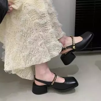 2024 New Autumn Women s Thick-soled British Style Buckle Shoes Fashionable and Elegant Solid Color High-heeled Sandals 35 бежевый
