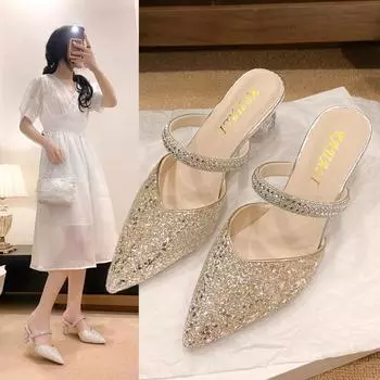 2024 new bag head sandals women s summer word with pointed head Korean version temperament high heel thick heel wedding shoes cool slippers 34 золотой