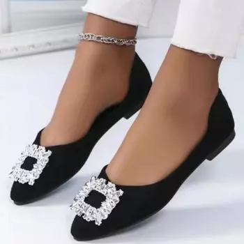 2024 New Banquet Temperament Rhinestone French Flat Shoes Women s Summer Black Pointed Shallow Grandma Shoes Boat Shoes 35 чёрный