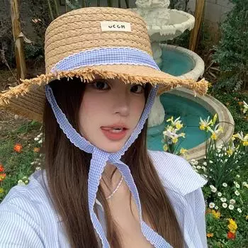 2024 new big eaves ins sweet summer small fresh seaside vacation straw hat women s sunshade webbing straw hat M (56-58cm) Korean version streamer top hat хаки