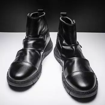 2024 New Black Men s High-top Fashion British Style Leather Boots Winter Shoes Korean Style All-match Breathable Boots Tide 39 чёрный
