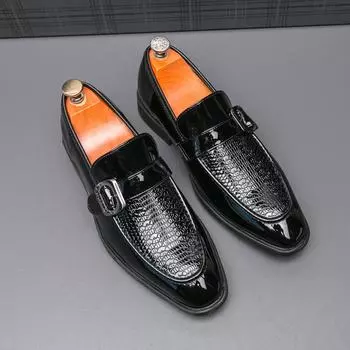 2024 New Brand Men Wedding Leather Shoes Fashion Patent Leather Retro Business Work Shoes Derby Shoes Man Casual Flats Loafers 40 чёрный