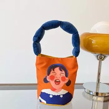 2024 new bucket cartoon graffiti handbag fashion niche single shoulder foreign style women s bag ins versatile messenger bag оранжевый