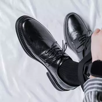 2024 New Business Men s Casual Leather Shoes Breathable Soft Sole Anti-slip Wearable Driving Shoes for Men Lace-up Male Sneakers 38 чёрный