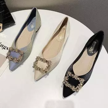 2024 Новые повседневные женские туфли с острым носком, стразами, толстый каблук 4 см, модные металлические квадратные пряжки, женские туфли большого размера 34 бежевый