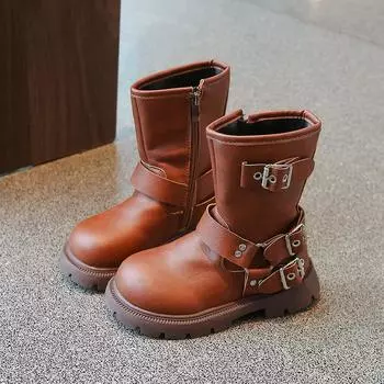 2024 New Children Platform Boots Classic Metal Versatile Girls Causal Boots Fashion British Style Matte PU Kids Mid-calf Boots 27 коричневый