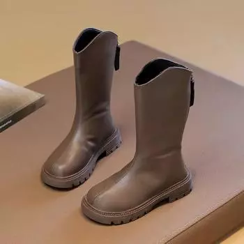 2024 New Children s Fashion Boots Solid Color Simple Girls Causal Long Boots Versatile Black Brown Kids Princess Leather Boots 27 коричневый