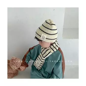 2024 New Children s Hat Boys Foreign Style Striped Scarf with Casual 1-8 Year Old Baby Two-piece Set Winter