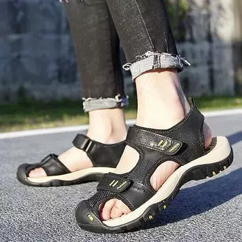 2024 New Classic Leather Men Shoes Summer New Large Size Men s Sandals Men Fashion Beach Cool Sandals Outdoor Casual Male Shoes 38 чёрный