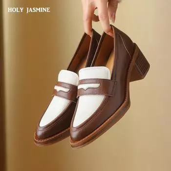 2024 New Classic Women Pumps Spring Summer Genuine Leather Square Toe Thick Heels Mature Office Lady Working Shoes Woman Basic 34 чёрный