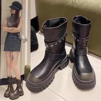 2024 Новые короткие сапоги с грубым каблуком и пряжкой на ремне для женщин, толстые ковбойские сапоги в стиле ретро в стиле вестерн, мотоциклетные сапоги 35 чёрный