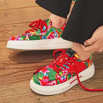 2024 New Color Blocked Flower Pattern Lace Up Low Cut Sports Shoes, Trendy, Versatile, Comfortable Men s Casual Board Shoes 39 красный