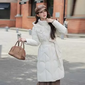 2024 новая одежда с хлопковой подкладкой женская зимняя выше колена длинная утолщенная хлопковая одежда талия одежда с хлопковой подкладкой M хаки