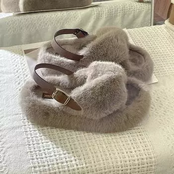 2024 new cross-haired slippers women wear Korean version of fairy style flat-bottomed slippers fashion one-word drag girl in winter 35 белый