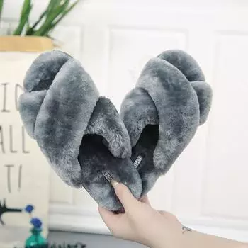 2024 new cross-hairy slippers women s popular large-size non-slip comfortable warm hairy cotton slippers 36-37 жёлтый