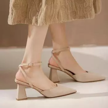 2024 Новые римские сандалии с перекрестными ремешками, замшевые женские туфли на высоком каблуке, однорядный тонкий каблук, острый носок для женщин 34 бежевый