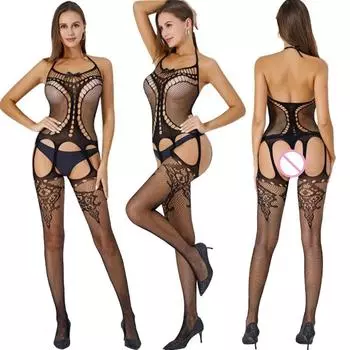 2024 New Crotchless Sexy Lingerie Ladies Bodysuits Pornographic Movies Fishnet Crotchless Catsuit Babydoll Stockings Uniform Te One Size