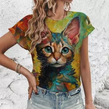 2024 New cute cat pattern 3D printed T-shirt fashion trend short sleeve XS